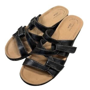 Clarks Collection‎ Womens Size 9 Black Leather Comfort Wedge Heeled Sandals